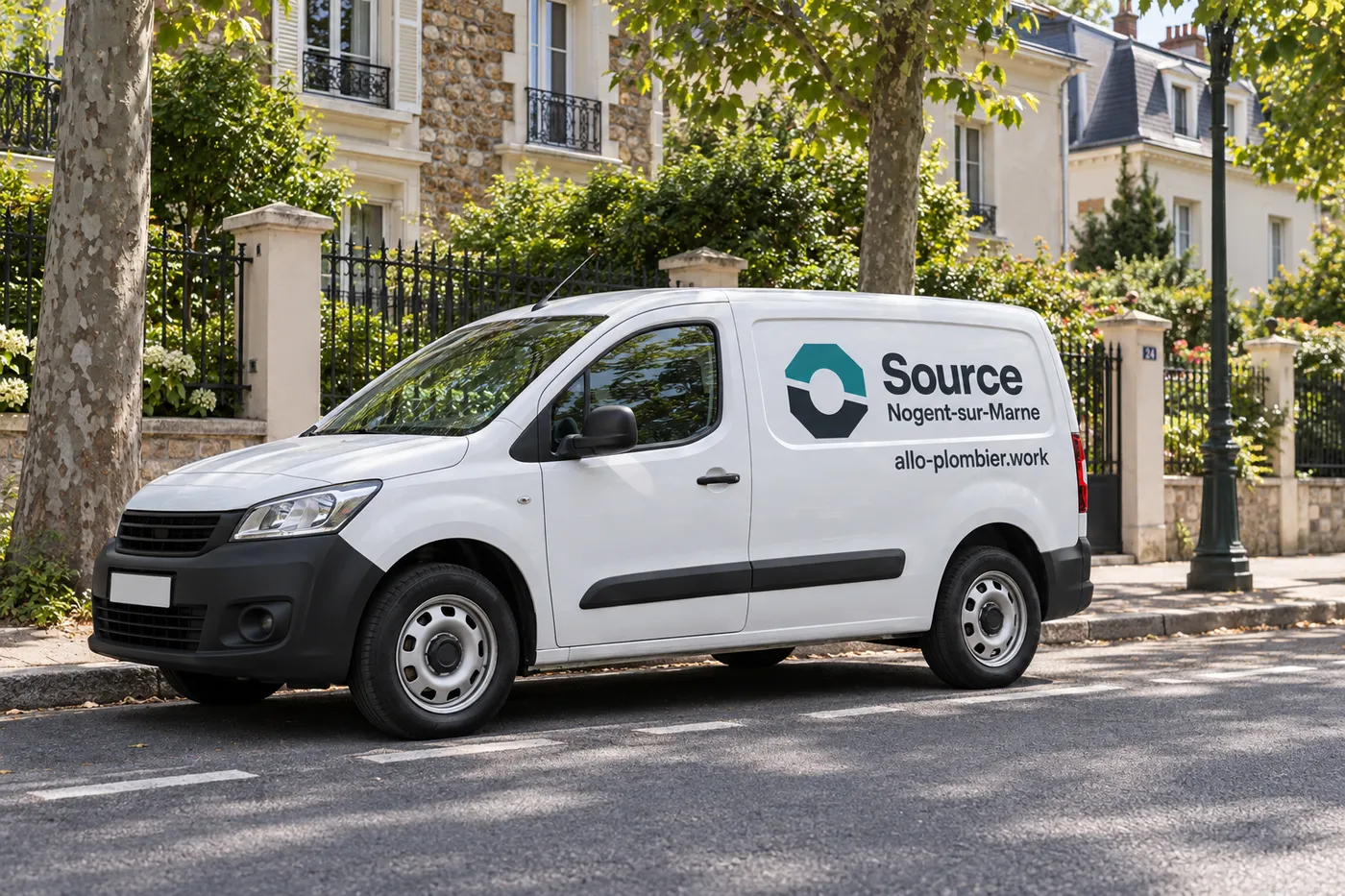 Camionnette d'intervention Source Nogent-sur-Marne garée dans une rue résidentielle bordée de villas en meulière