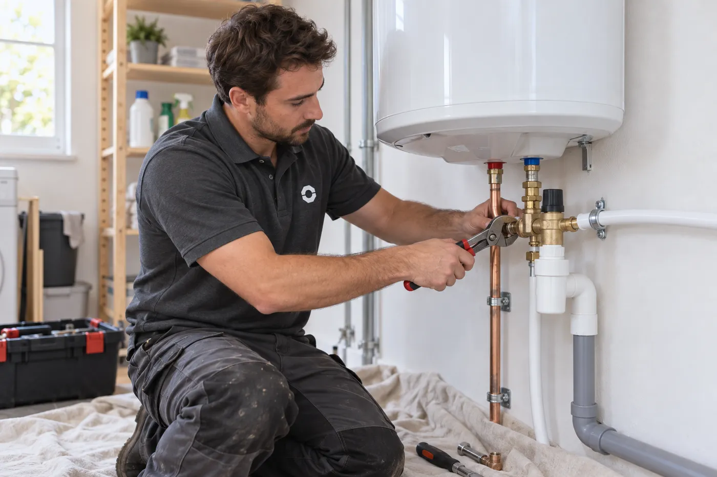 Plombier raccordant le groupe de sécurité et les tuyaux cuivre et PER sous un chauffe-eau électrique